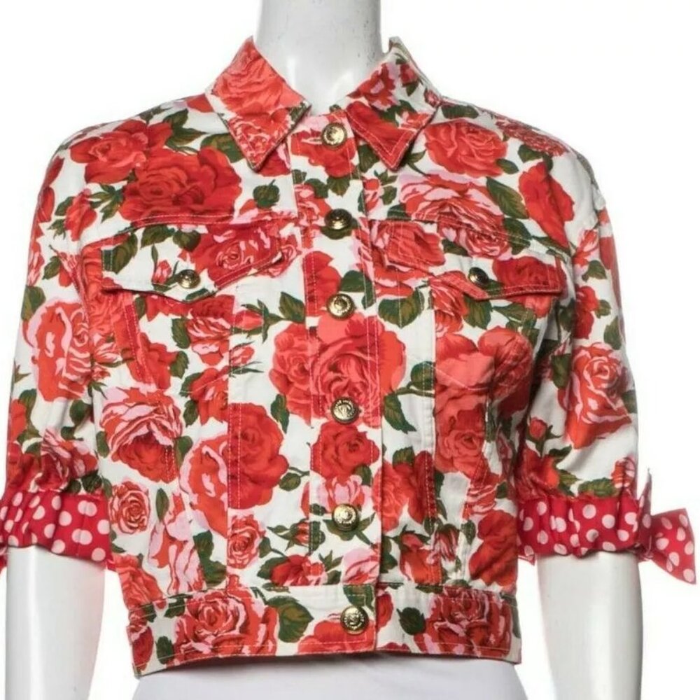Moschino Floral Red Rose Bud Polka Dot Bow Jean DENIM Jacket only USA Sz 8